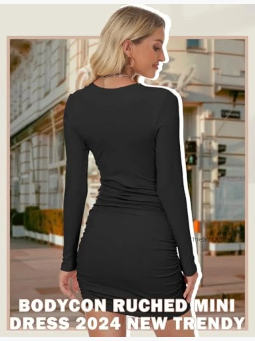 Long Sleeve Bodycon Mini Dress Ruched Sexy Casual Scoop Neck Slim Fit_3